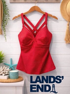 👙🌺🌴 Lands’ End Red White Polka Dot Underwire Tankini Top Size 6 Strappy Swim